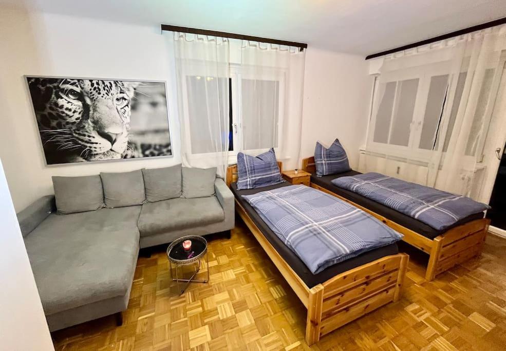 ein Wohnzimmer mit einem Sofa und einem Bett in der Unterkunft Wohnung Nähe LKH und der Med Uni in Graz