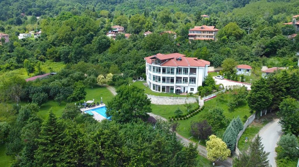 an aerial view of a large house with a swimming pool at Beyaz Köşk Geyve in Geyve