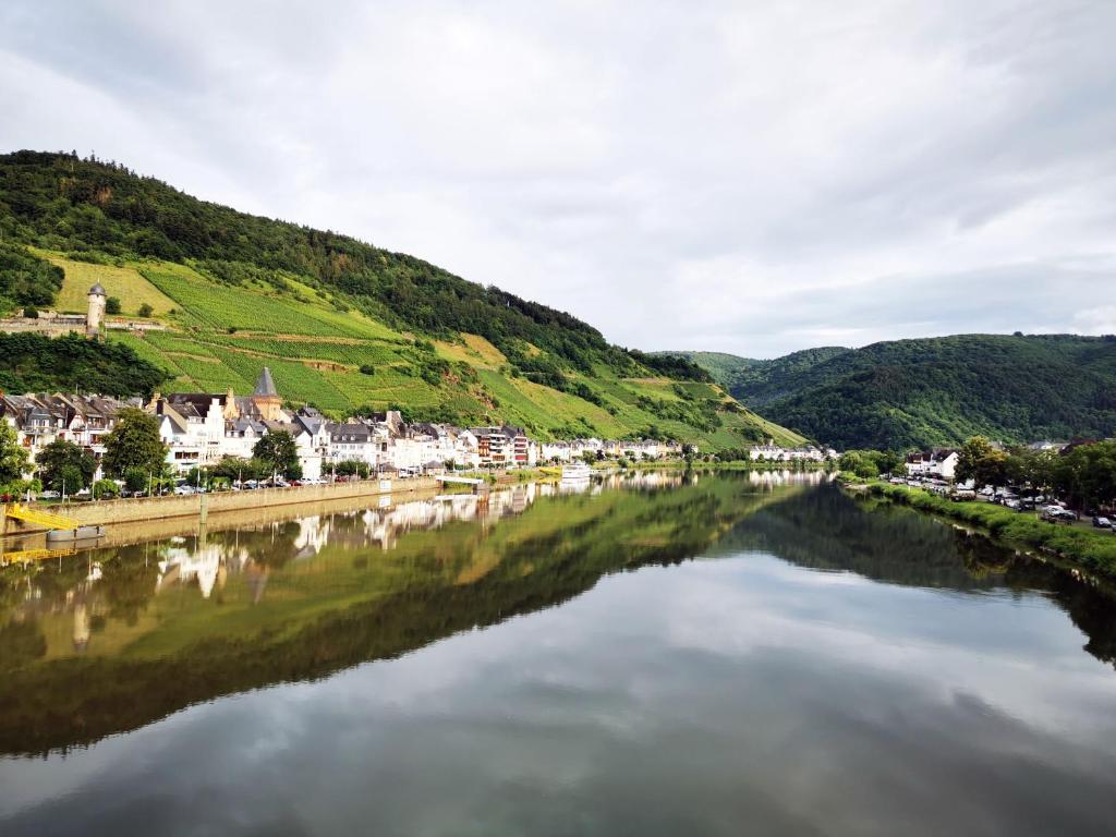 a view of a river with houses and a town at Mosel View Old Town Apartments in Zell an der Mosel