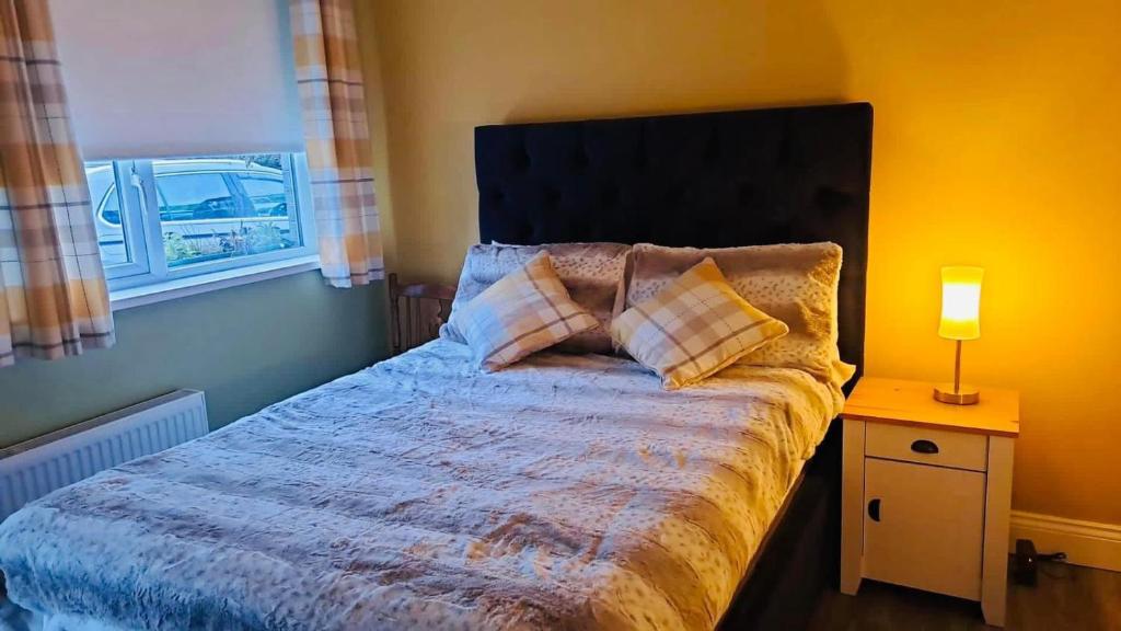 a bedroom with a bed and a lamp on a night stand at Pinebrook BnB En-suite 1 double bed in Killybegs