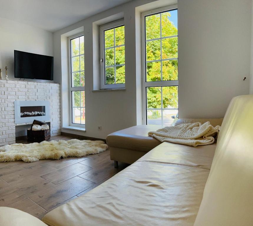 uma sala de estar com um sofá e uma lareira em Ferienwohnung ,,Doina" em Gehlberg