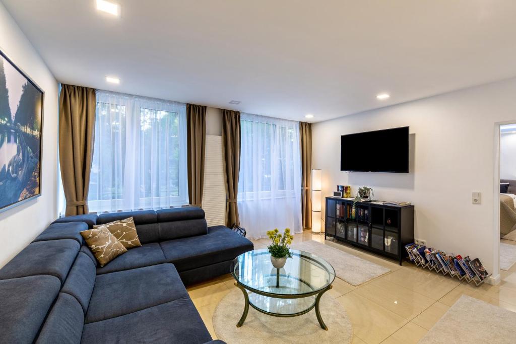 sala de estar con sofá azul y TV en Apartamento Dusseldorf, en Düsseldorf