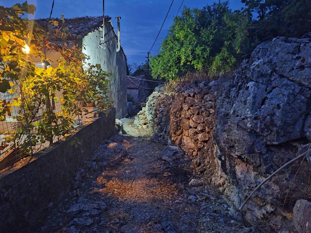 a stone alleyway next to a stone wall at Jana's old house in Virpazar