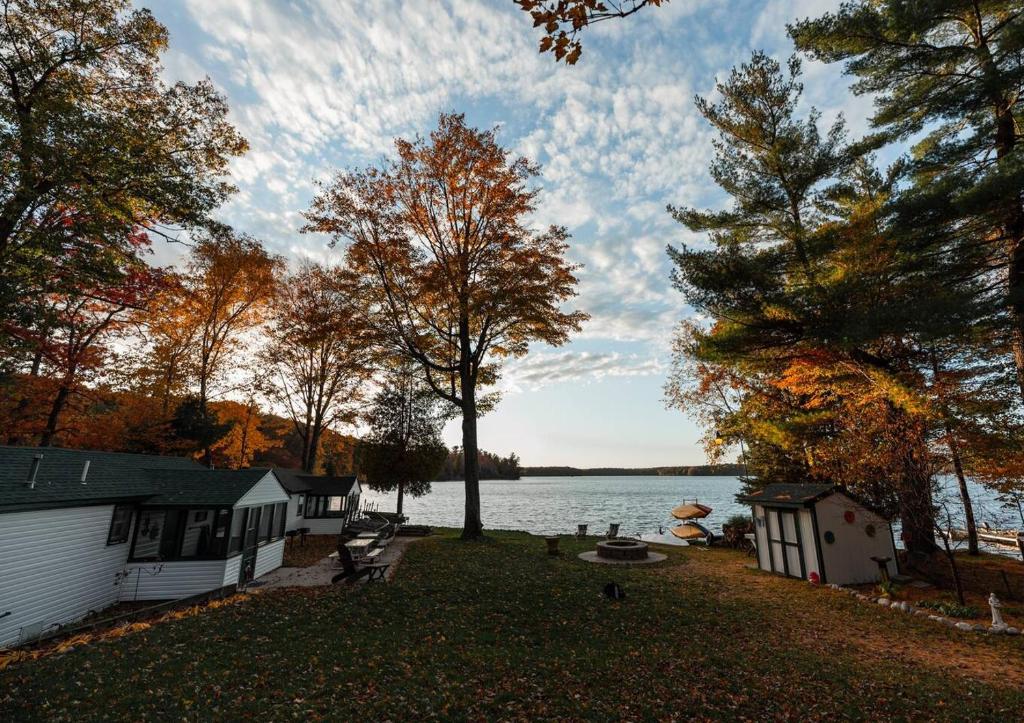 vistas a un lago con una casa y árboles en Big Blue Lake Cottages, LLC - Cottage #2, en Holton