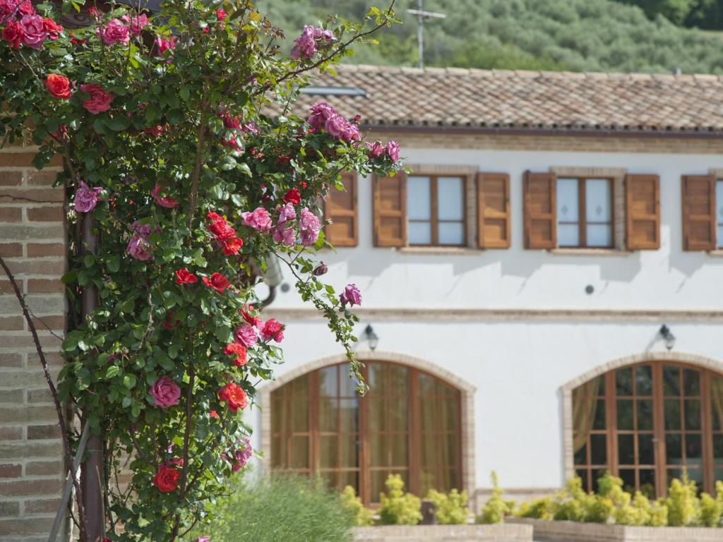 a white house with flowers in front of it at Terra Del Sole in Recanati