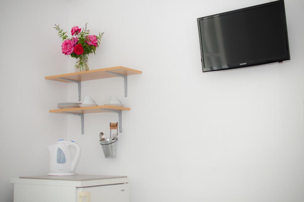 a television hanging on a wall with a vase of flowers at Georgias House in Skiros