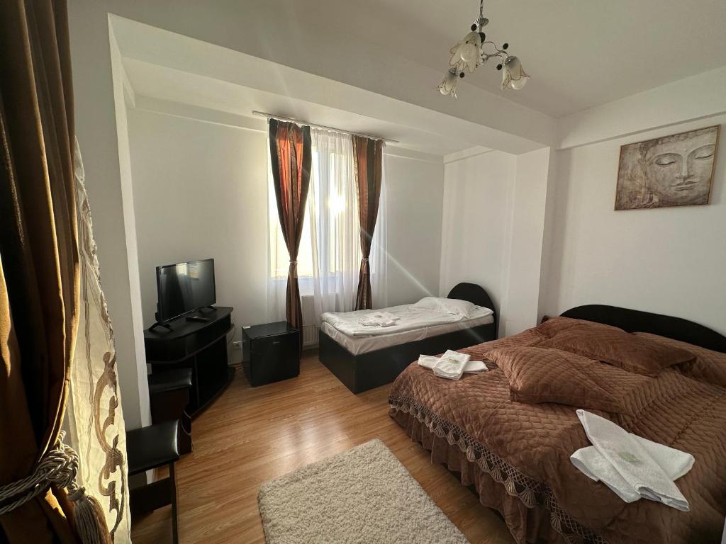 1 dormitorio con 1 cama y TV en Casa Rustic cazare, en Piteşti