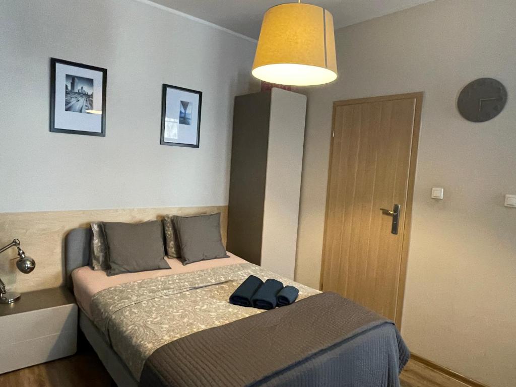 1 dormitorio con 1 cama con luz encendida en U Romana, en Poznan