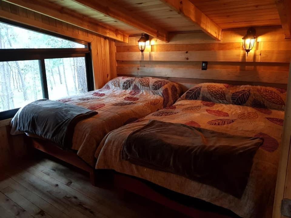 - une chambre avec 2 lits dans une cabane en rondins dans l'établissement Cabaña en sueño Mazamitla, à Mazamitla