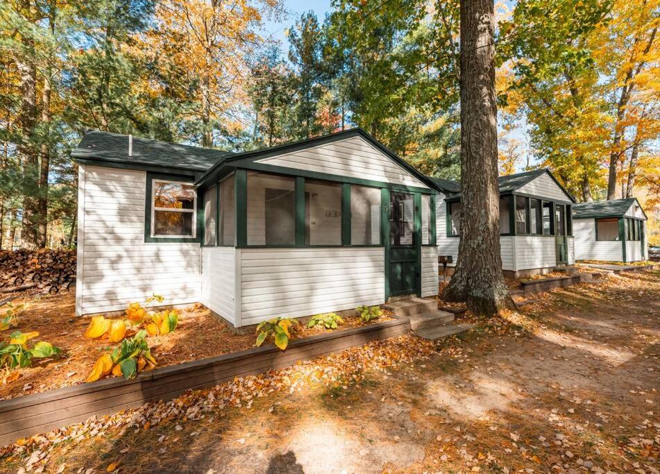 ein winziges Haus im Wald mit einem Baum in der Unterkunft Big Blue Lake Cottages, LLC - Cottage #5 in Holton
