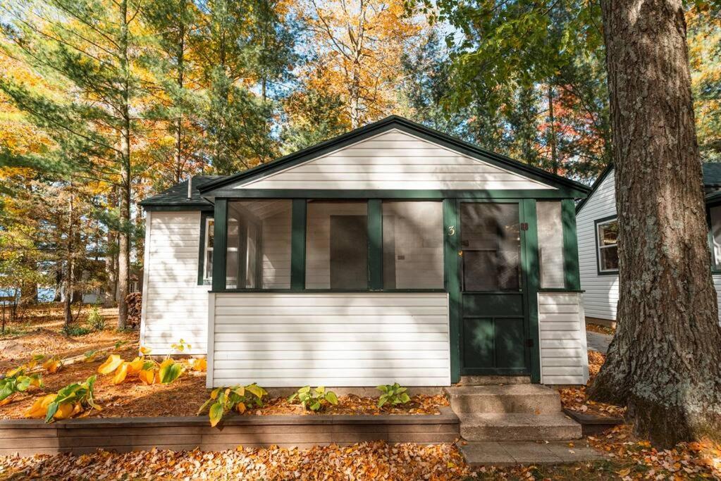 una piccola casa nel bosco con un albero di Big Blue Lake Cottages, LLC - Cottage #3 a Holton