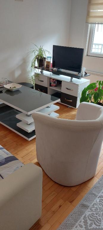 a living room with a couch and a laptop on a desk at Apartman FAMILY in Foča