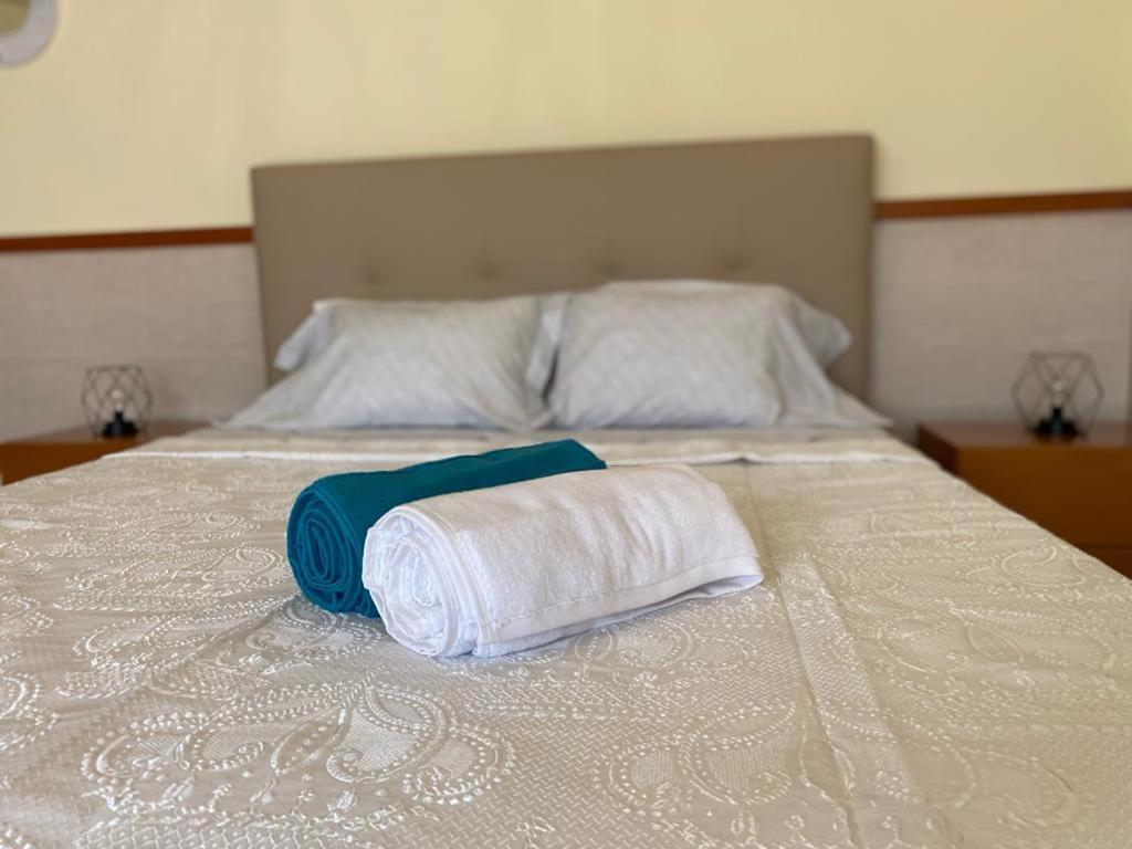 a bed with a folded towel on top of it at Cávado Terrace Studio in Parada de Tibães