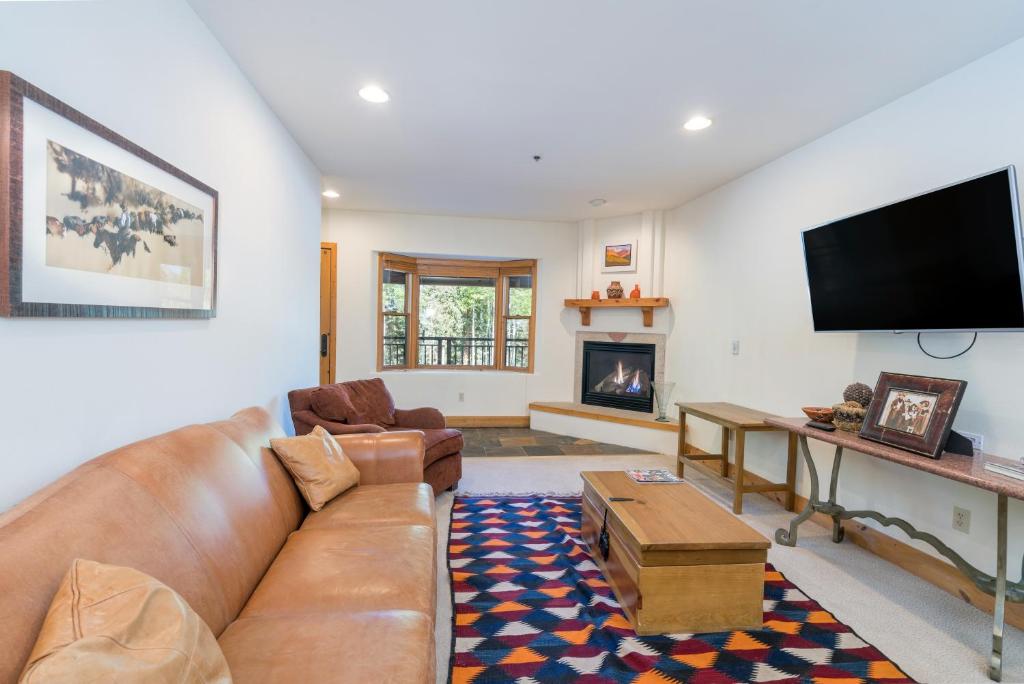 a living room with a couch and a tv at Bear Creek Lodge 110A in Telluride