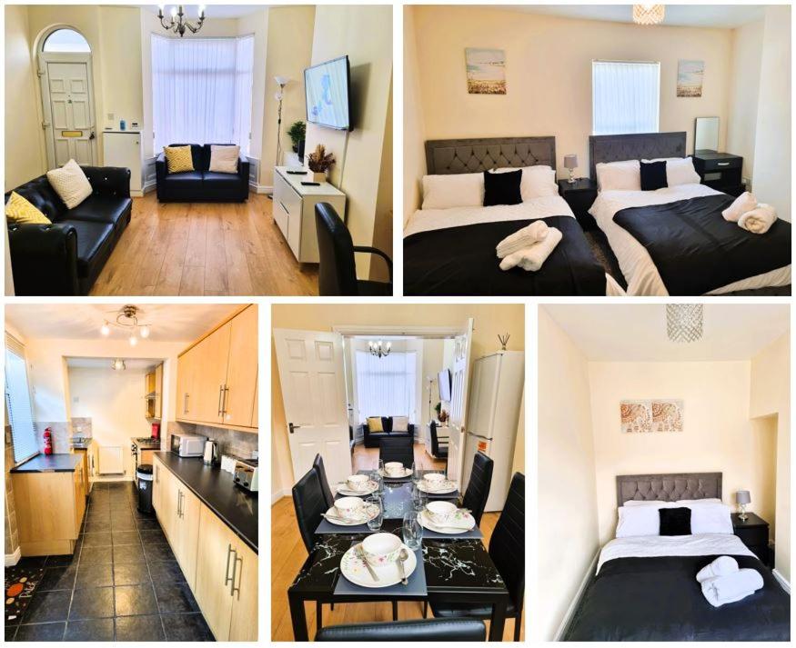 een collage van vier foto's van een hotelkamer bij Luxury house for 6 guests next to Anfield stadium in Liverpool