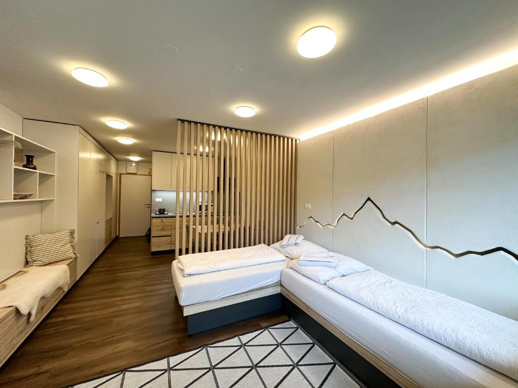 um quarto com duas camas e uma televisão em Apartma Prisojnik Kranjska Gora em Kranjska Gora