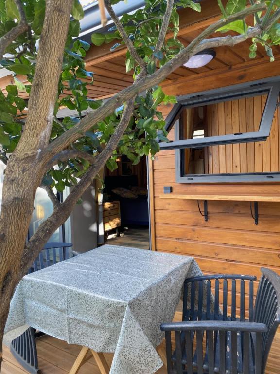 einen Tisch und Stühle unter einem Baum auf einer Veranda in der Unterkunft Le Chalet du Domaine in La Saline-Les-Bains