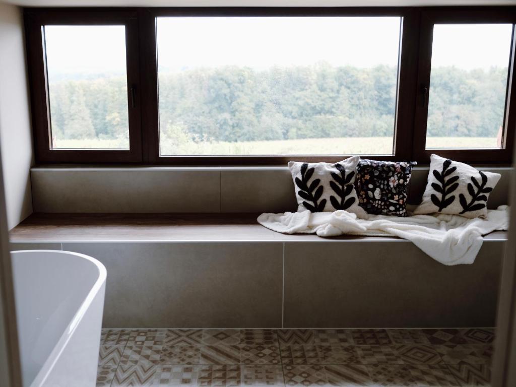 asiento junto a la ventana en el baño con bañera y almohadas en Wine residence Kerman - eco-friendly apartment and rooms en Štrigova
