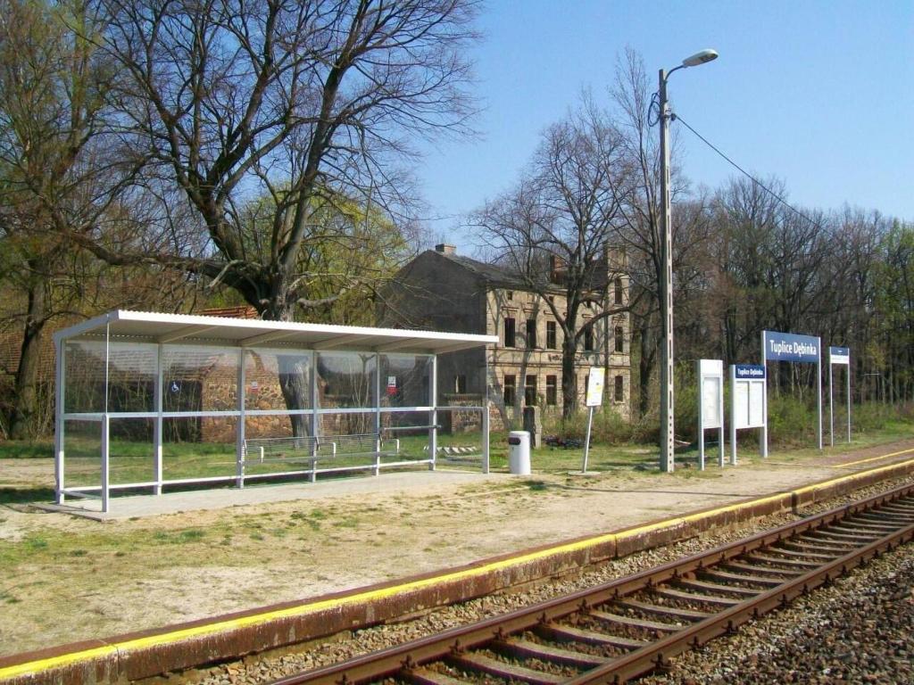 a train station with a bus stop next to the tracks at Mieszkanie na wsi in Trzebiel