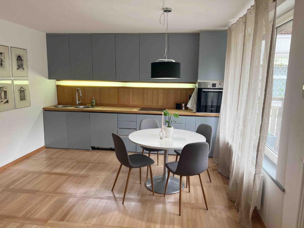 a kitchen with a table and chairs in a kitchen at Comfy flat in city-FREE parking in Ljubljana