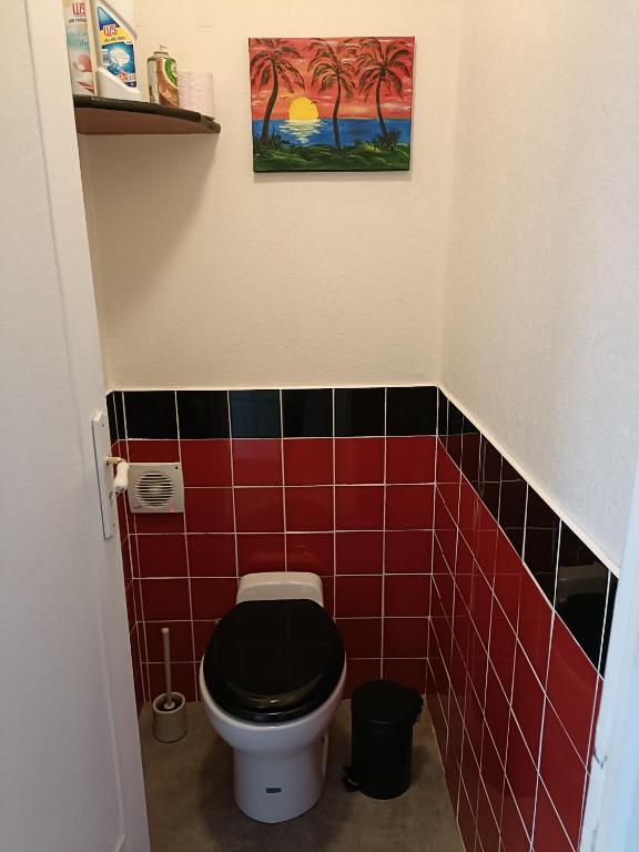 a bathroom with a black toilet with red tiles at La Chataigneraie in Vernouillet
