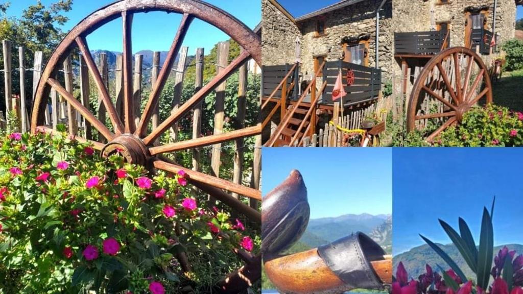 a collage of photos of a garden with a wheel and flowers at Gite La Grangette de Pauline in Mercus-Garrabet