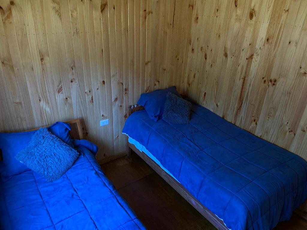 - 2 lits dans une chambre en bois avec des draps bleus dans l'établissement Cabaña en Pupuya Navidad, à Navidad