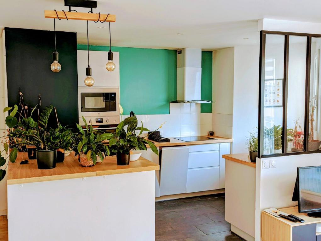 a kitchen with white cabinets and potted plants at Cosy spacieux appartement balcon - Ourcq Paris 19 in Paris