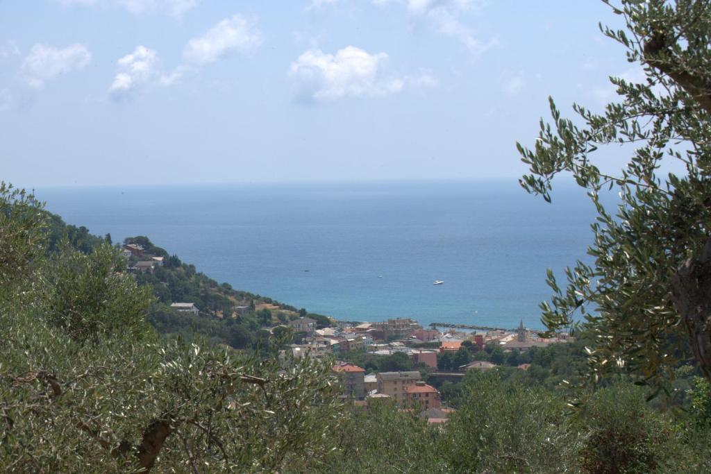 uitzicht op een stad en de oceaan vanaf een heuvel bij Casa Elena in Moneglia