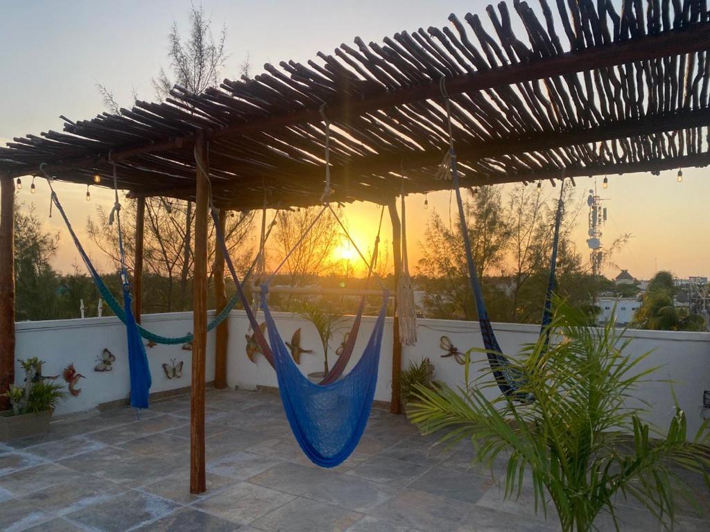 een patio met hangmatten onder een houten pergola bij Casa Coronaa Holbox México in Holbox Island
