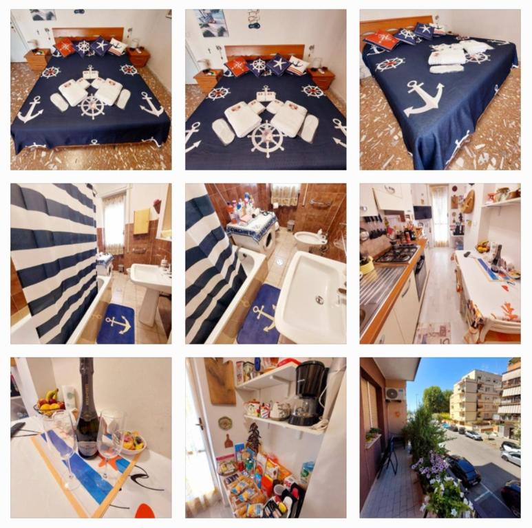 a collage of pictures of a room with a boat at WHOLE FLAT CLOSE BEACH BREAKFAST KITCHEN AIR CONDITIONING LAUNDRY SHUTTLE AIRPORT WI-FI CAR PARKING NETFLIX BALCONIES CHECK IN 24H & METRO to ROME in Lido di Ostia