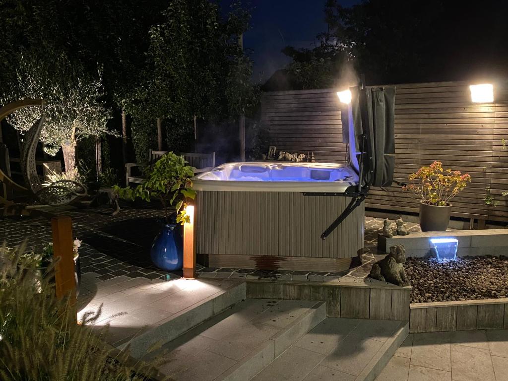 a jacuzzi tub in a garden at night at Miranius Rey in Lede