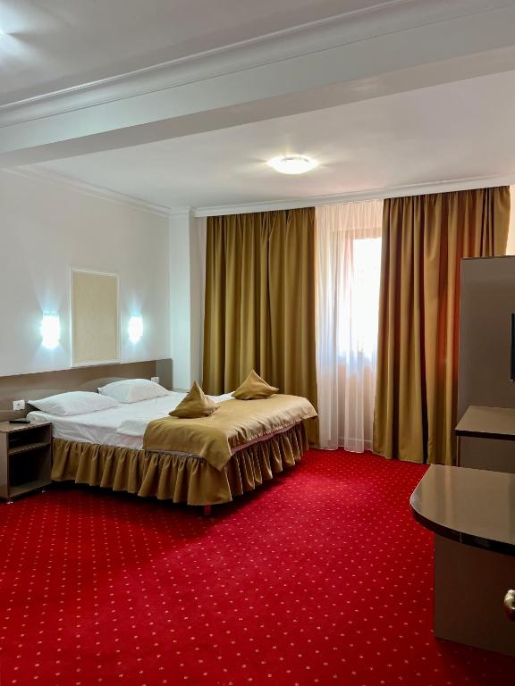 a bedroom with a large bed and a red carpet at ARMONIA in Filiaşi