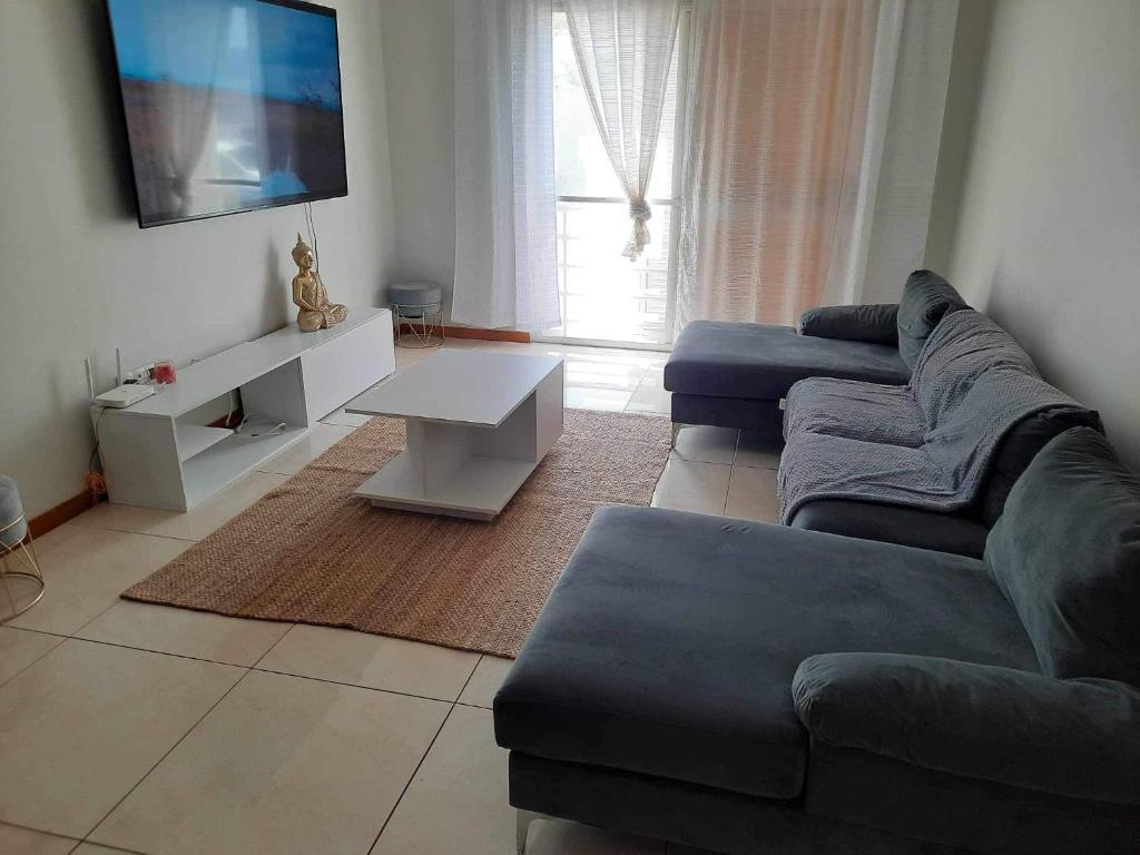 a living room with two blue couches and a tv at Hellen Apartament in Praia