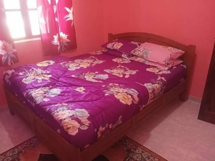 een slaapkamer met een bed met een paars dekbed bij Homestay kak nun in Kampong Ru Sepuloh