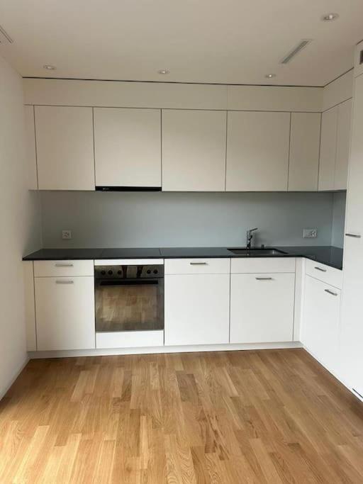 a kitchen with white cabinets and a wooden floor at The R Apartment Vogelberg, Gym, Balkon, Parking in Balsthal
