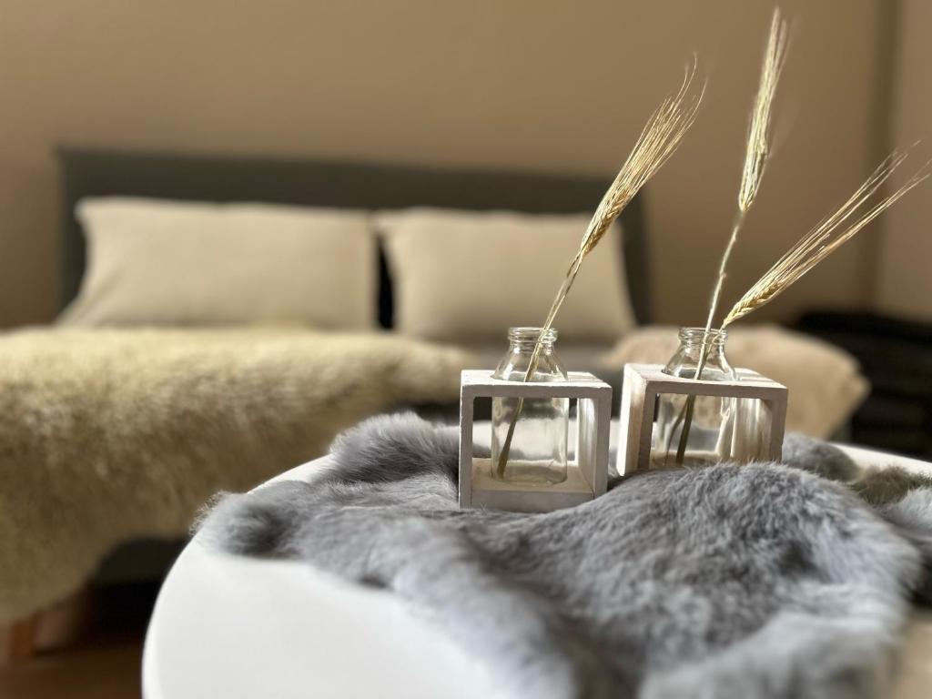 dos velas de plata en una manta en una cama en Kleine Auszeit en Viersen