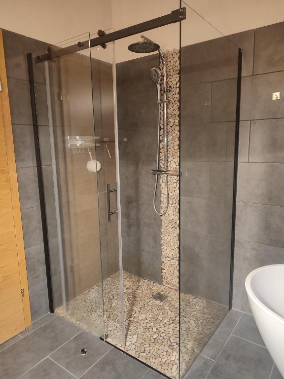 a shower with a glass door in a bathroom at Villa Mountainview in Bludenz