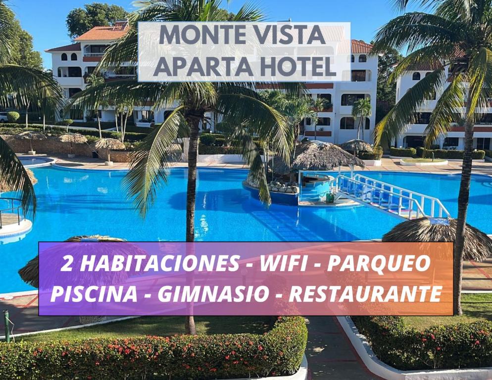 ソスアにあるFlat Anchor Marine Monte Vistaのスイミングプールの前に看板を持つホテル