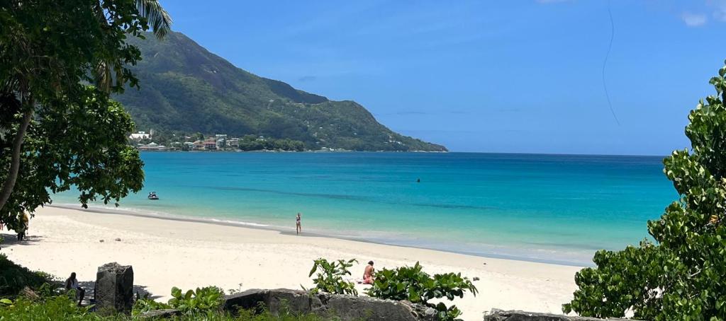 a view of a beach with people in the water at Panorama Guesthouse Apartments Beau Vallon Beach in Beau Vallon