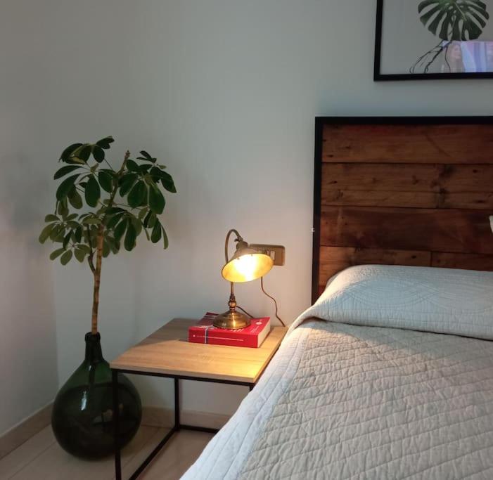 a bedroom with a bed and a table with a lamp at Casa Coveliño in Poio
