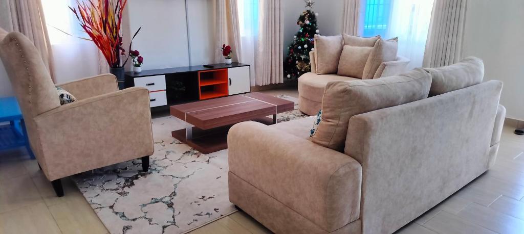 姆瓦帕的住宿－Happy Trails Home- Green Wood Estate Mtwapa，客厅配有两把椅子和一棵圣诞树