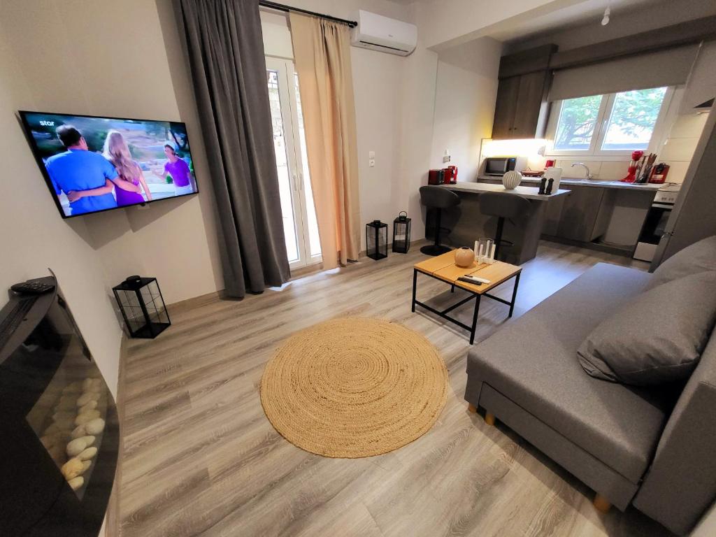 a living room with a couch and a tv on a wall at Helios Houses - Ioannina in Ioannina