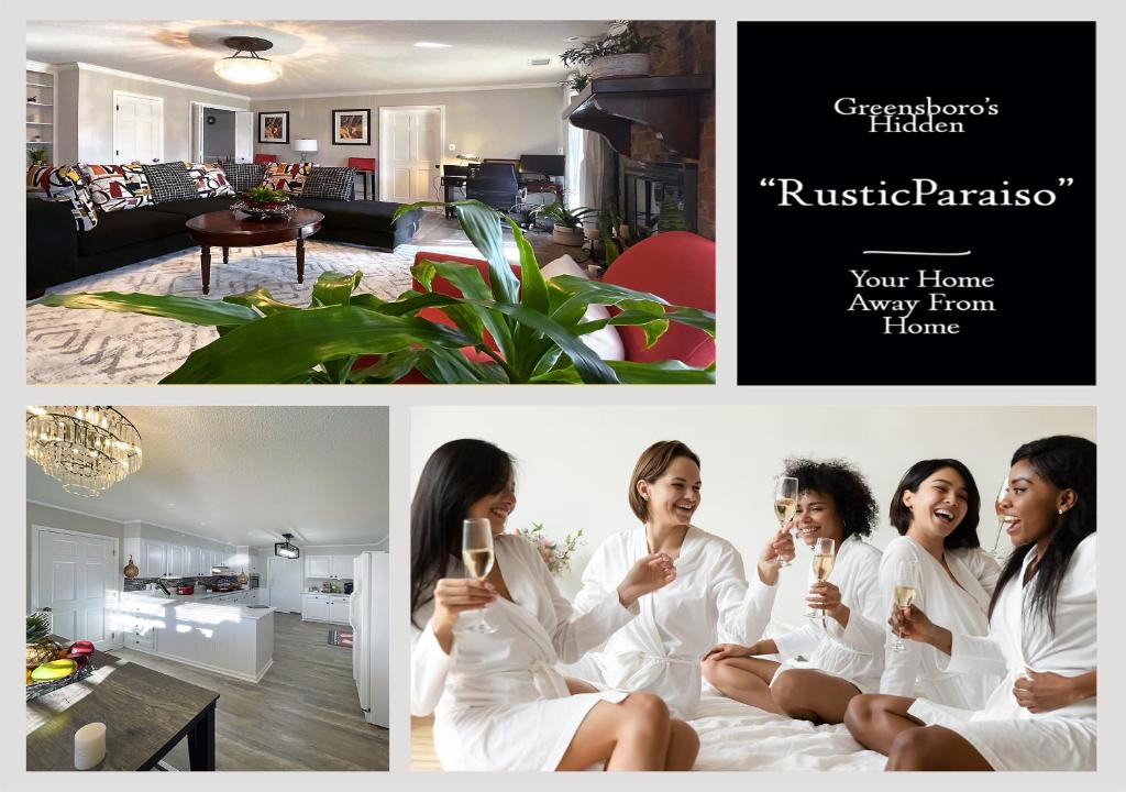 four women in white robes sitting on a bed drinking champagne at RusticParaiso: Family, Team & Group Urban Retreat in Greensboro