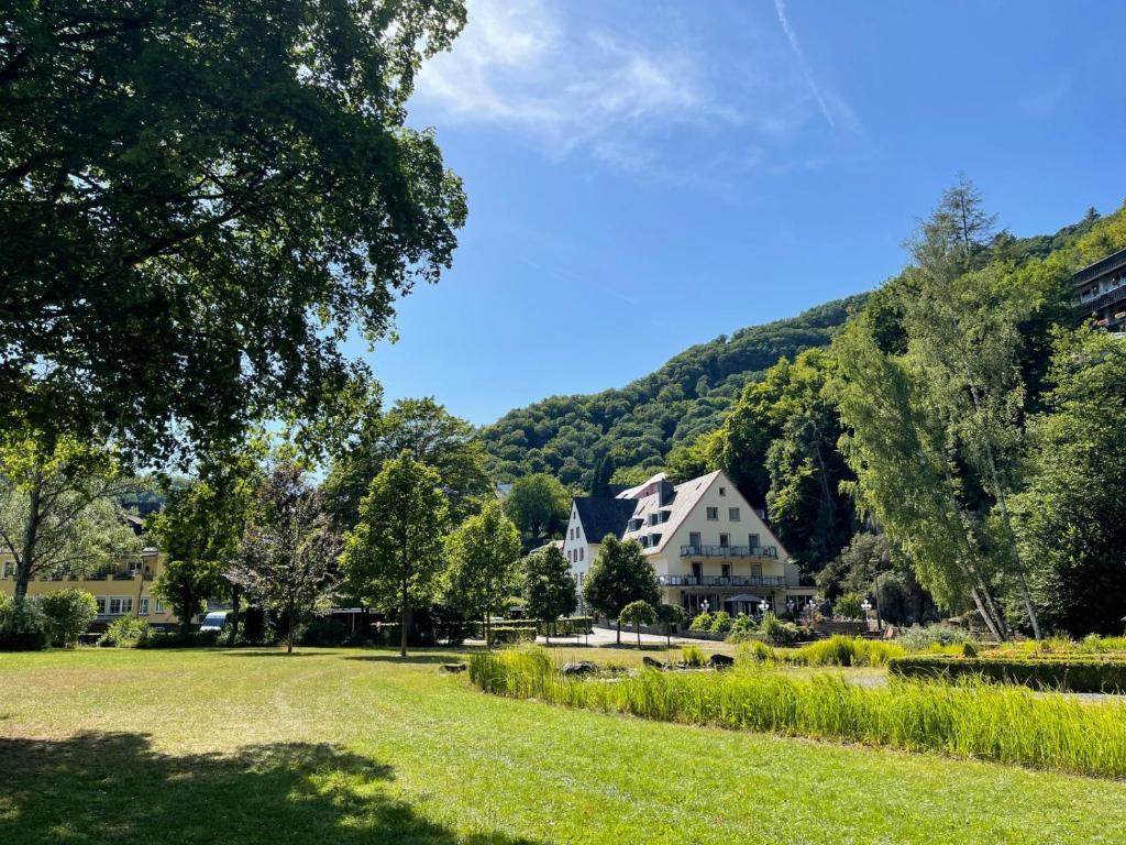 - une vue sur un parc avec une maison et des arbres dans l'établissement Hotel Alte Mühle, à Bad Bertrich