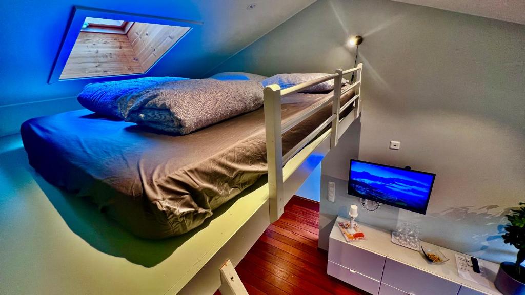 ein Schlafzimmer mit einem Etagenbett und einem Schreibtisch in der Unterkunft Sleep with the stars in Oslo
