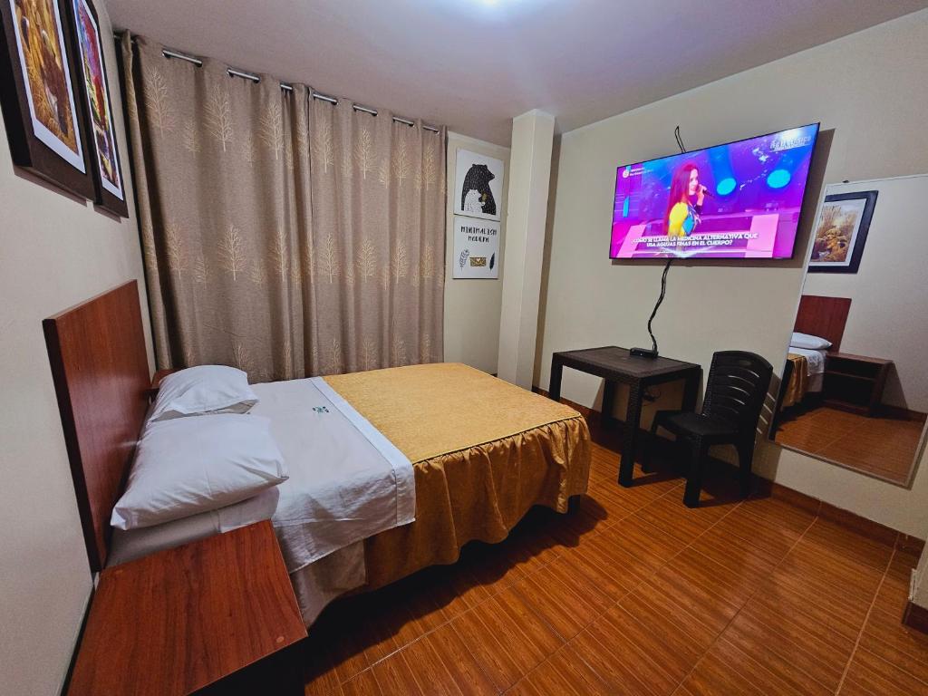 a bedroom with a bed and a flat screen tv at HOSTAL VEGA'S NAZCA in Nazca