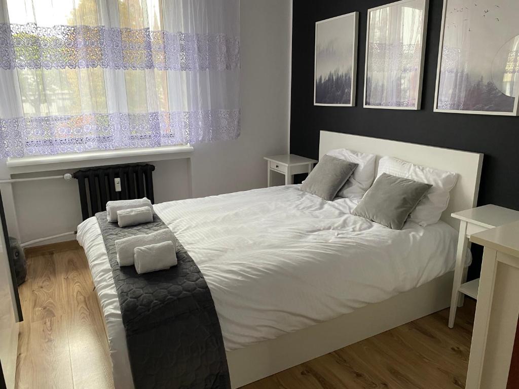 sypialnia z dużym białym łóżkiem i oknem w obiekcie Apartament w samym centrum! w mieście Dąbrowa Górnicza
