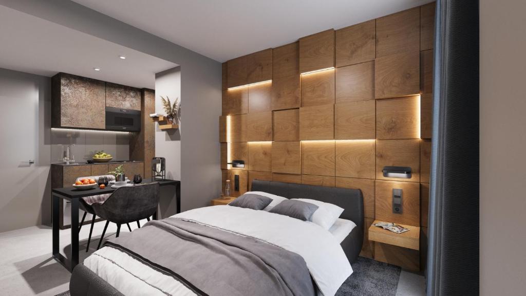 Un pat sau paturi într-o cameră la Optimum Apartment - Opfikon