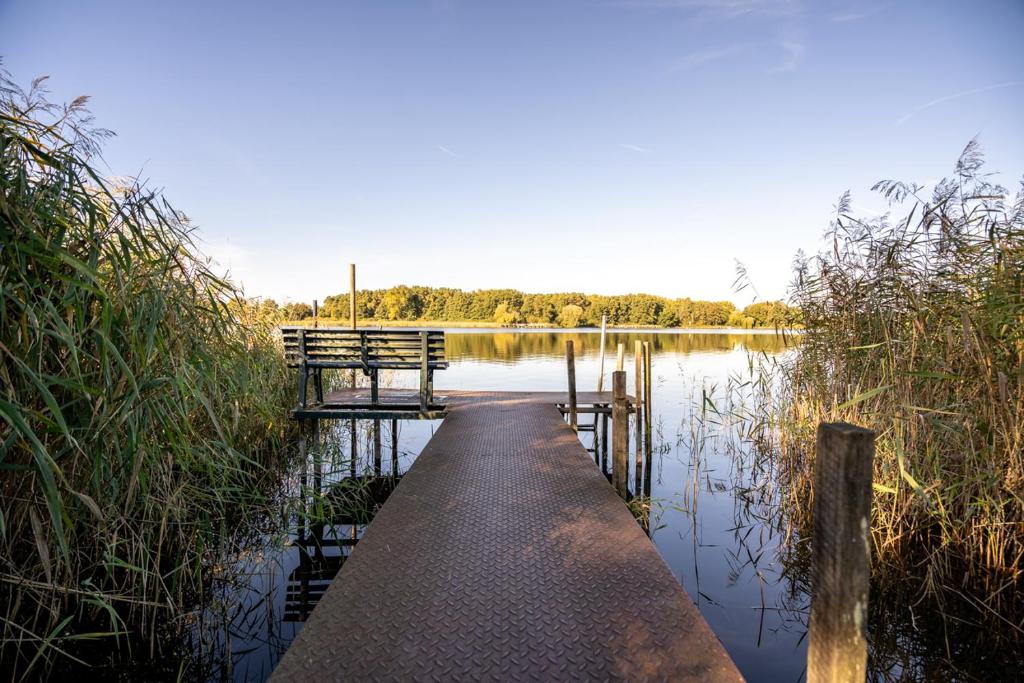 a dock in the middle of a lake at Ferienhaus Haus am See mit Wassergrundstück in Lärz